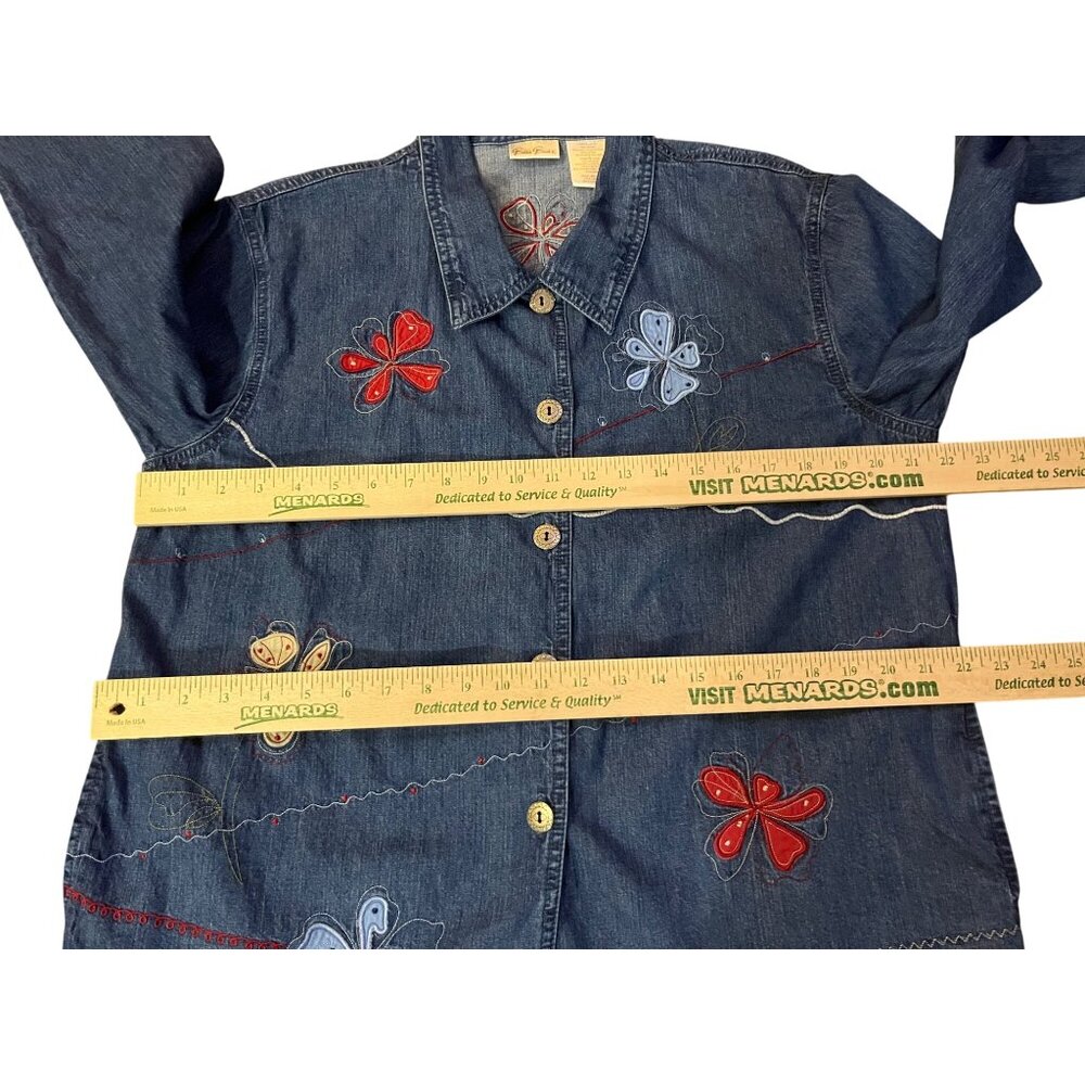 Vintage Early 2000s Bobbie Brooks Denim Blouse Womens L Floral Embroidered - Picture 10 of 16